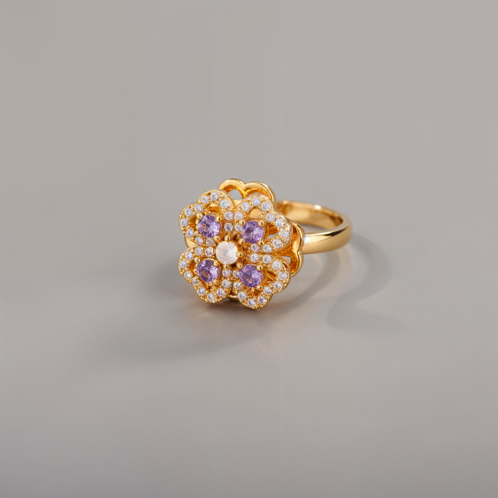 Anillo antiestrés giratorio dorado y violeta para mujer