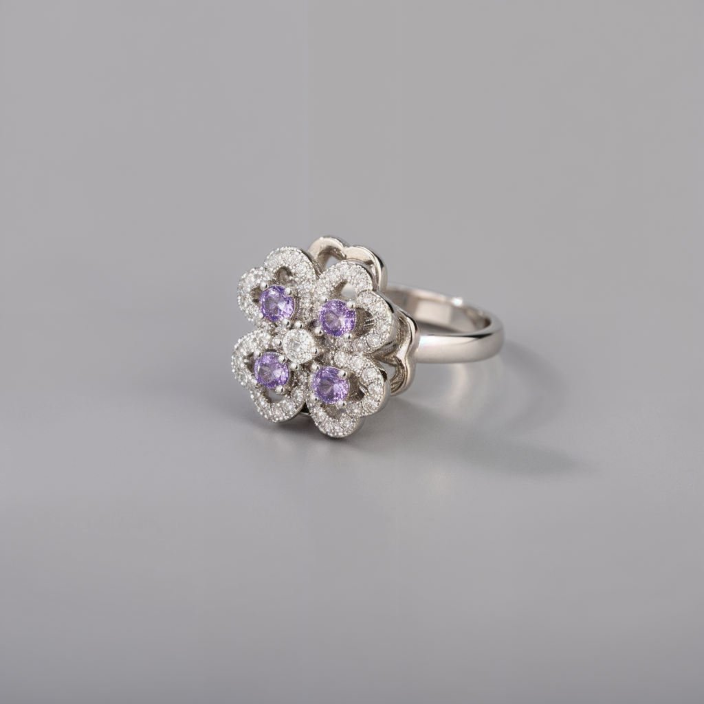 Anillo antiestrés giratorio plateado y violeta para mujer